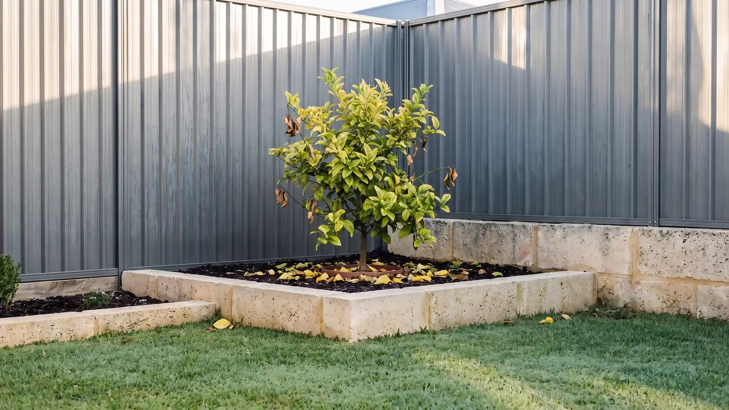 Illustration: a young lemon tree in a backyard garden bed before, with sparse, pale yellow leaves and fallen leaves on the mulch.
