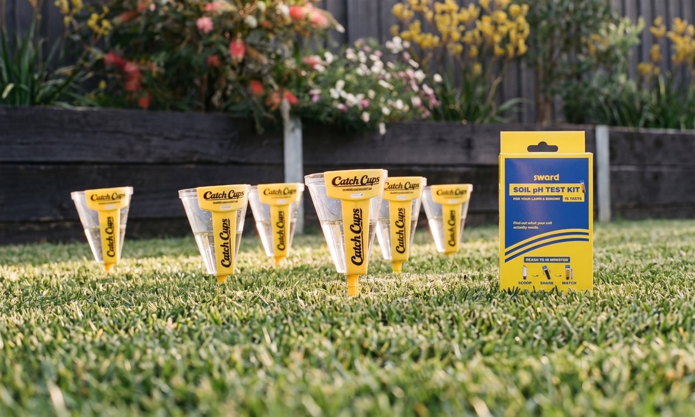 Catch Cups standing in a lawn beside the Sward Soil pH Test Kit box, a garden bed in flower behind.