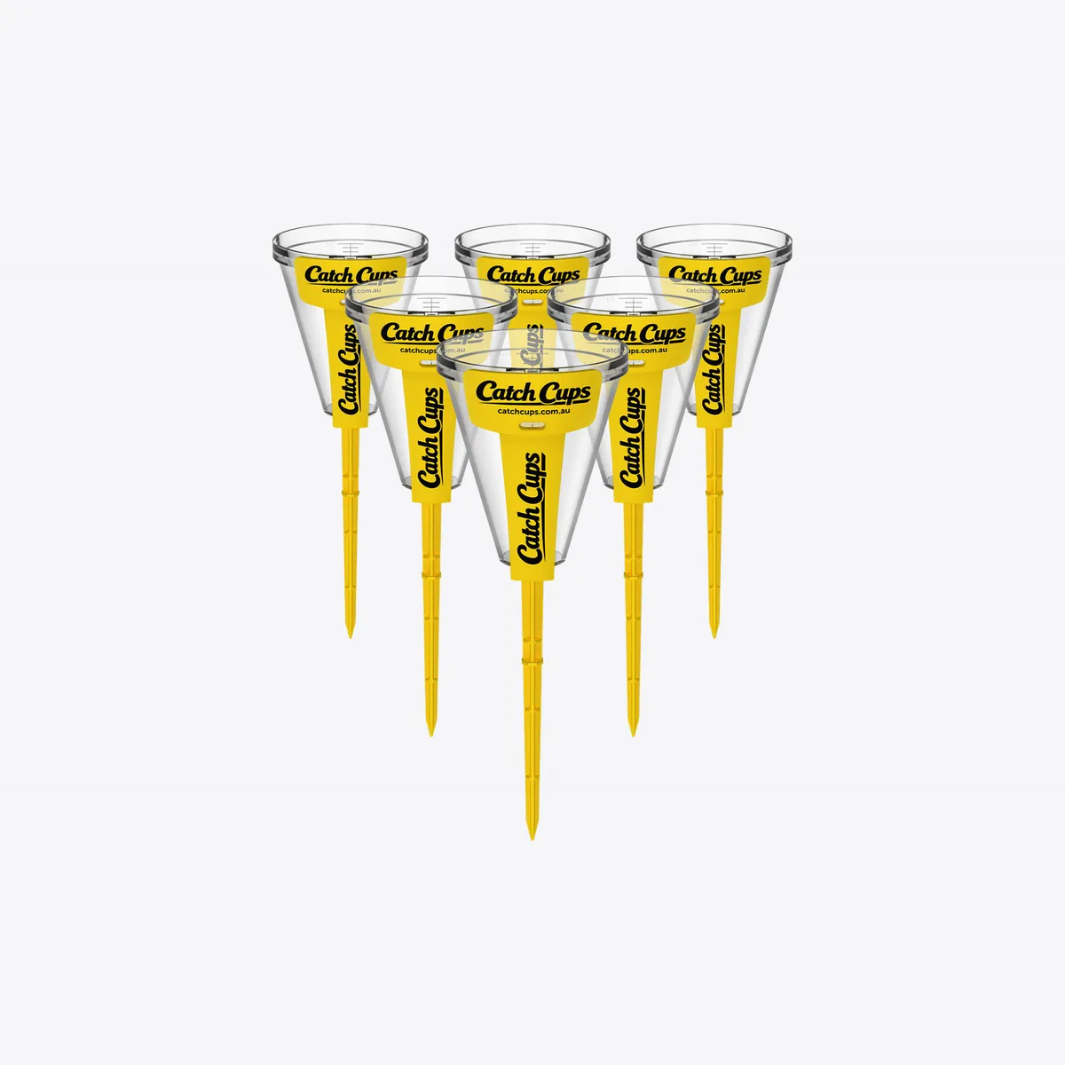 6 Catch Cups on their yellow spikes, standing in a triangle of three rows on a light grey studio ground.