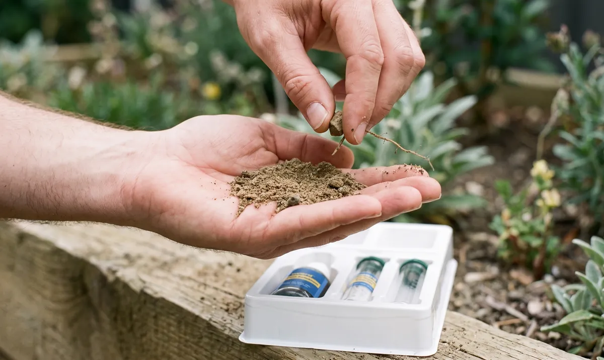 Two hands crumbling a handful of garden soil over a garden bed, the open Soil pH Test Kit on the timber edge below.