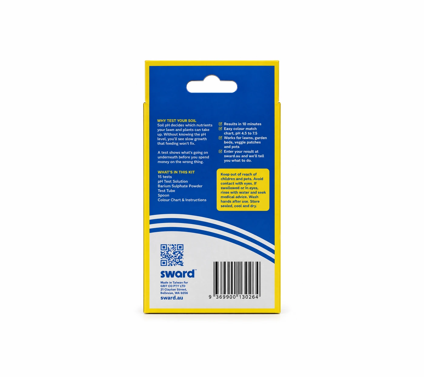 The back of the Soil pH Test Kit box on a white studio ground: why test your soil, what is in the kit, the safety panel, a QR code and the barcode.
