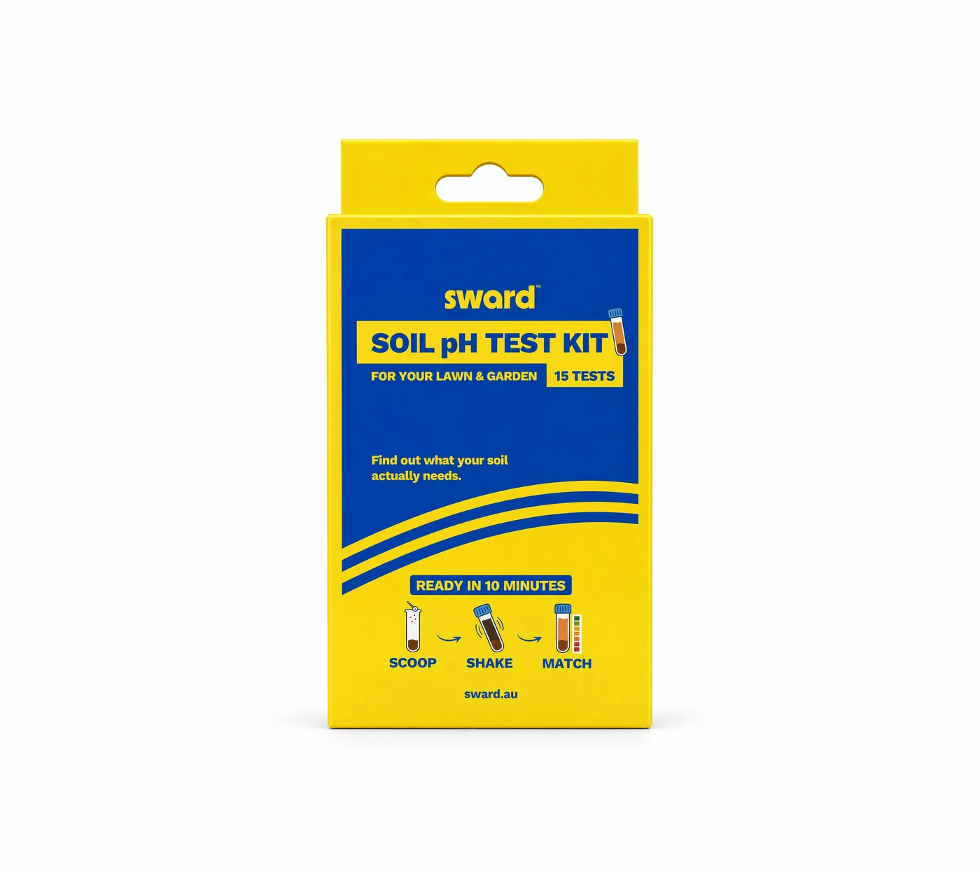 The Sward Soil pH Test Kit box, front on, on a white studio ground: yellow with a blue panel, 15 tests, and the scoop, shake, match steps along its foot.