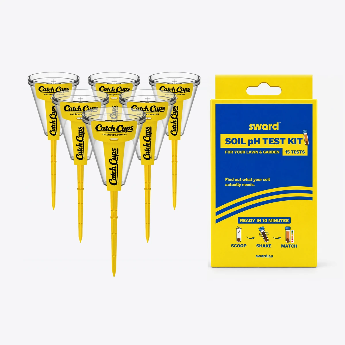 6 Catch Cups beside the Sward Soil pH Test Kit box on a light grey studio ground.